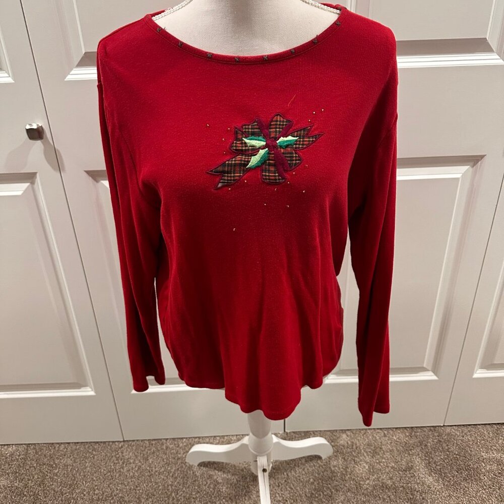 Cappagallo size large red Christmas long-sleeve shirt 100% cotton flower
